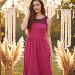 Loft M Pink Red Jersey Lace Dress Boho Cottage Edgy Grunge Indie Casual Office